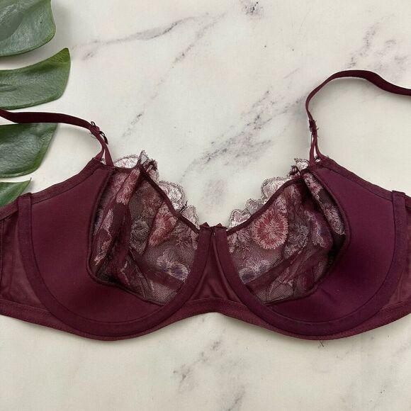 Victorias Secret Unlined Demi Bra Size 36 D Purple Pink Embroidered Lace Sheer - Picture 6 of 8